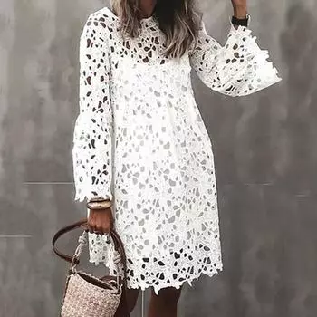 Осень-весна женское платье с полым кружевом и цветочной вышивкой с круглым вырезом, двухслойное с длинными рукавами, однотонное свободное этническое платье миди L белый