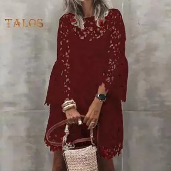 Осень-весна женское платье с полым кружевом и цветочной вышивкой с круглым вырезом, двухслойное с длинными рукавами, однотонное свободное этническое платье миди M вино красного