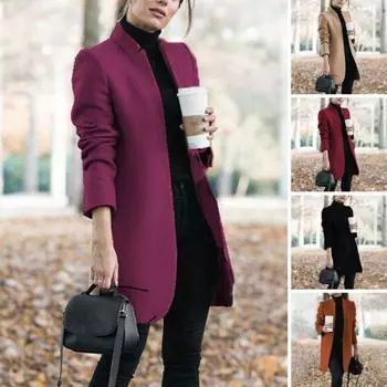 Осень-весна женское шерстяное пальто с воротником-стойкой, открытой строчкой, приталенное пальто с длинными рукавами, средней длины, однотонное, OL, официальное пальто для поездок на работу M