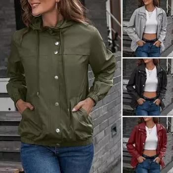 Осень-весна женское уличное пальто ветрозащитное непромокаемое с длинными рукавами с капюшоном на молнии эластичные манжеты и однотонный подол S синий