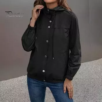 Осень-весна, женское уличное пальто, ветрозащитное, непромокаемое, с длинными рукавами, на молнии, с капюшоном, эластичные манжеты и подол, однотонные карманы, шнурок, для кемпинга, альпинизма S синий