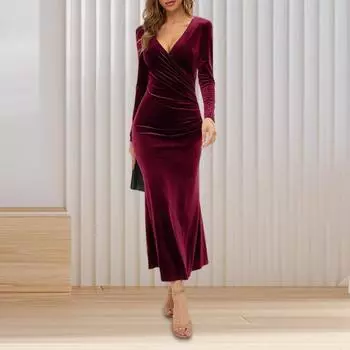 Осень-весна женское вечернее платье с длинными рукавами, облегающее, однотонное, с подолом «рыбий хвост», бархатное, с V-образным вырезом, коктейльное, вечернее, миди-платье M фиолетовый