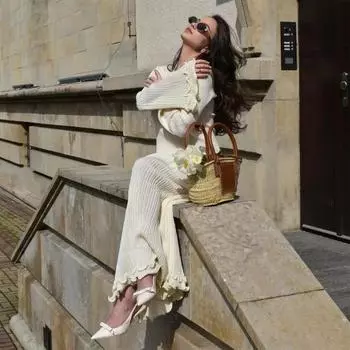 Осень-весна женское вечернее платье с гофрированным краем и круглым вырезом V-образной спиной Slim Fit Long S