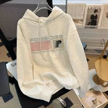 осень Женщины Повседневный буквенный принт свободные толстовки Весна Длинный рукав с капюшоном Толстовка Harajuku Простые топы Ленивый стиль Пуловер Унисекс Уличная одежда M светло-серый