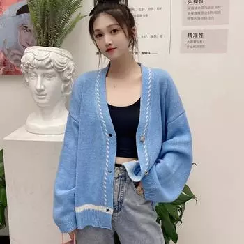 осень Женщины Зима свободные вязаные кардиганы пальто Y2K свитера уличная одежда винтаж повседневный однобортный с длинным рукавом синий топ One Size