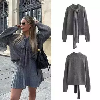 Осень Женская мода пуловеры тренд вязание бабочка воротник тонкий свитера женщина английский стиль женский свитер топ XS темно серый