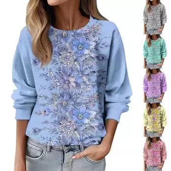Осень женская новая толстовка с цветочным принтом женская с круглым вырезом и длинным рукавом повседневная свободная толстовка с капюшоном уличная одежда пуловер топы S