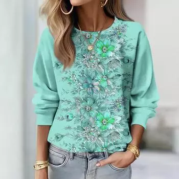 Осень женская новая толстовка с цветочным принтом женская с круглым вырезом и длинным рукавом повседневная свободная толстовка с капюшоном уличная одежда пуловер топы S