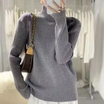 Осень Женские свитера Пуговицы Пуловеры Топы Женская одежда Водолазка Трикотажные Базовые Однотонные Футболки Рубашка One Size серый