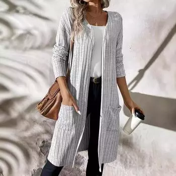 осень женский длинный рукав вязаный кардиган однотонный повседневный V-образный вырез двойной карман трикотаж пальто зимний длинный свитер S серый