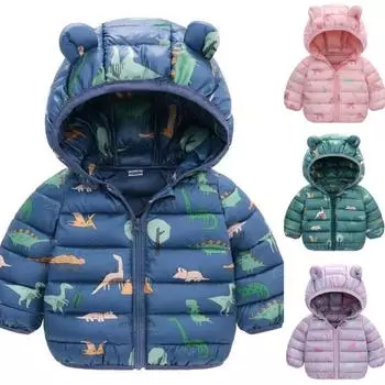 Осень-зима 1-5 лет для мальчиков и девочек, легкая теплая куртка с капюшоном, детские пальто на молнии с изображением динозавра из мультфильма, детская верхняя одежда на Рождество 130