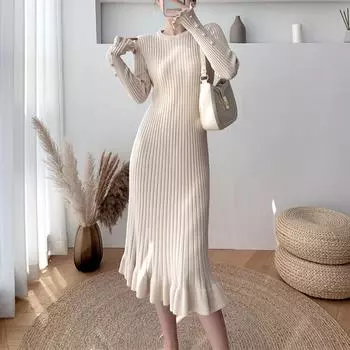 Осень-зима 2021, плотное платье-свитер русалки макси, женское длинное платье-свитер с круглым вырезом, элегантное женское тонкое сексуальное вязаное платье трапециевидной формы L абрикосовый