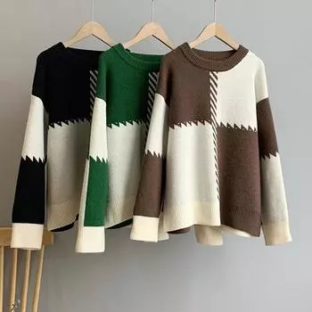 Осень-зима 2021, свитер контрастного цвета, пуловер, однотонный корейский темперамент, простой повседневный топ для женщин one size чёрный
