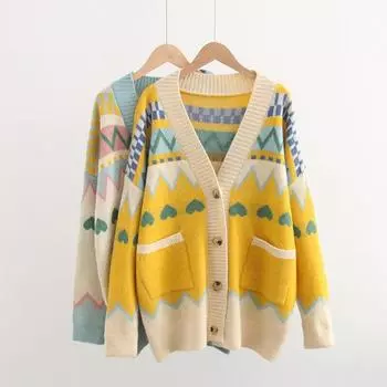 Осень-зима 2021, женские кардиганы, новая корейская версия ромбовидного вязанного жаккардового широкого свободного свитера, пальто для женщин One Size синий