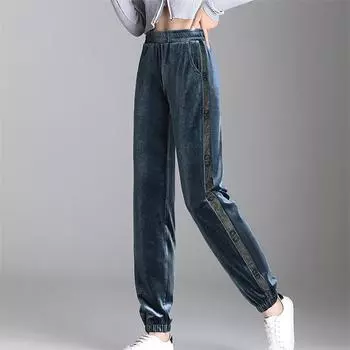 Осень-зима 2022, длинные уличные брюки, свободные утолщенные теплые однотонные трикотажные брюки, повседневные широкие брюки с высокой талией, женские брюки S чёрный