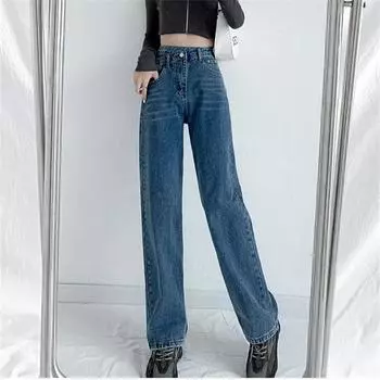 Осень-зима 2022, корейская мода, утолщенные теплые трендовые винтажные женские брюки с высокой талией, уличная одежда, мешковатые женские прямые женские джинсы XS