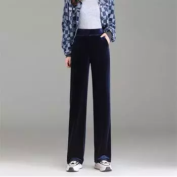 Осень-зима 2022, новые прямые велюровые женские брюки, утолщенные теплые повседневные брюки с высокой талией, широкие брюки, свободные женские модные элегантные брюки S чёрный