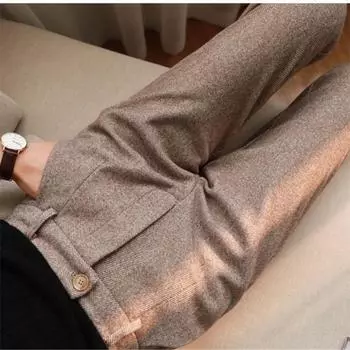Осень-зима 2022, тонкие свободные брюки, брюки-карандаш, модные офисные повседневные шерстяные шаровары с высокой талией, повседневные брюки в стиле ретро S коричневый