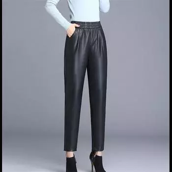 Осень-зима 2022, утолщенные теплые женские модные уличные брюки в стиле Харадзюку, кожаные брюки с высокой талией, женские свободные брюки из искусственной кожи с карманами, элегантные S чёрный