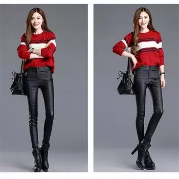 Осень-зима 2022, утягивающие повседневные колготки с высокой талией, леггинсы, утепленные бархатные брюки из искусственной кожи, эластичные узкие брюки-карандаш S