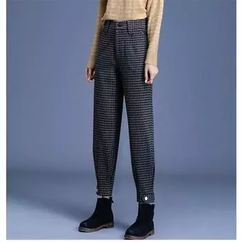 Осень-зима 2022, женские брюки с высокой талией, повседневные утолщенные теплые женские брюки в клетку, свободные винтажные брюки в стиле Харадзюку, женские шаровары M