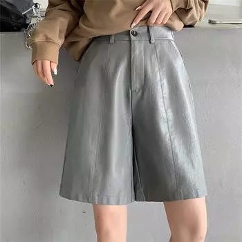 Осень-зима 2022, женские полуштаны из искусственной кожи, повседневные широкие брюки с высокой талией, винтажные свободные полушорты в стиле Харадзюку, женские S серый