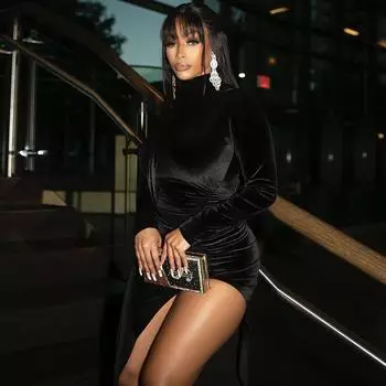 Осень-зима 2022, женское однотонное бархатное платье миди с длинными рукавами и рюшами, облегающее платье с боковыми разрезами, сексуальная уличная одежда, элегантная клубная одежда для вечеринок S чёрный