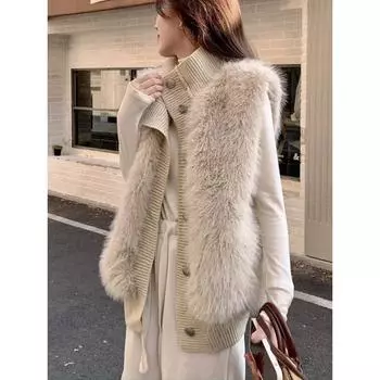 Осень-зима 2023, элегантный вязаный жилет, женский повседневный свитер без рукавов, однотонное толстое теплое пальто, женская верхняя одежда, шикарная одежда S белый