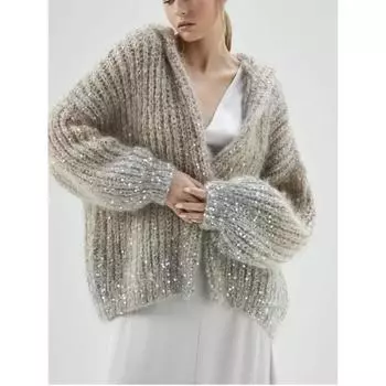 Осень-зима 2023, корейский модный вязаный свитер, элегантный блестящий длинный рукав, кардиган с капюшоном, женский повседневный теплый свитер, наша одежда S серый