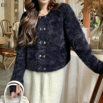 Осень-зима 2023, новый кардиган с круглым вырезом, вязаный свитер с длинными рукавами для женщин M чёрный