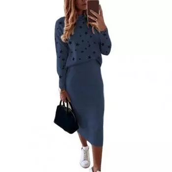 Осень-зима 2023, приятный для кожи пуловер с высоким воротником и принтом звезд, повседневная плотная сумка, юбка на бедрах, комплекты из двух предметов, женские наряды S