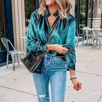 Осень/зима 2023, рубашка с рюшами и пуговицами, модная бархатная офисная женская блузка с v-образным вырезом, повседневные свободные топы с длинными рукавами Blusas Mujer 30194 S зелёный