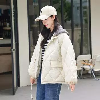 Осень-зима 2023, стеганое хлопковое пальто, женская куртка, женская короткая куртка из двух предметов с хлопковой подкладкой, верхняя одежда с капюшоном M бежевый