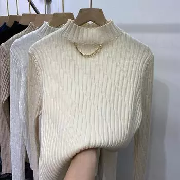 Осень-зима 2023, вязаный свитер в полоску с цепочкой, полуводолазка, женские свитера, модные пуловеры, джемперы с длинными рукавами, топ 28992 One Size абрикосовый