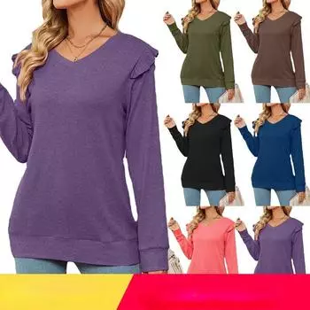 Осень-зима 2023, женская повседневная футболка с длинным рукавом и v-образным вырезом, толстовка с капюшоном S чёрный