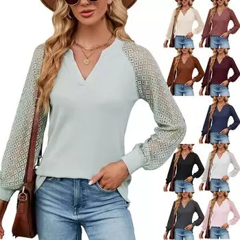 Осень/зима 2023, женская повседневная кружевная футболка с длинным рукавом и v-образным вырезом, топ S