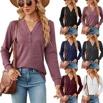 Осень/зима 2023, женская повседневная однотонная свободная футболка с длинными рукавами и v-образным вырезом на пуговицах, топ S тёмно-синий