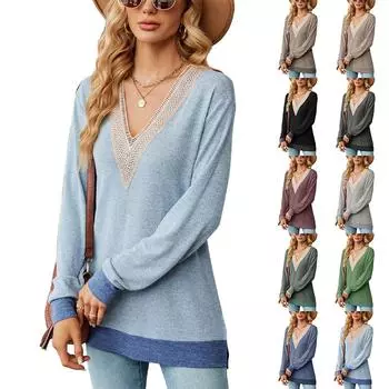 Осень/зима 2023, женская повседневная свободная футболка с v-образным вырезом и длинными рукавами, топ S чёрный