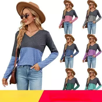 Осень/зима 2023, женская повседневная свободная футболка с v-образным вырезом и длинными рукавами, топ S тёмно-синий