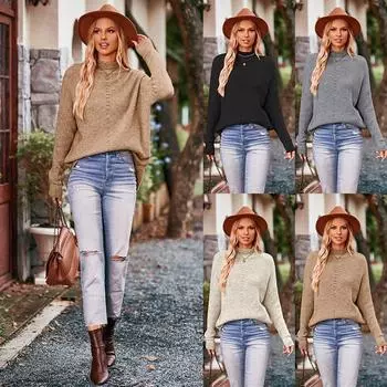 Осень-зима 2023, женский модный однотонный свитер с полуводолазкой, свободный полый свитер большого размера S