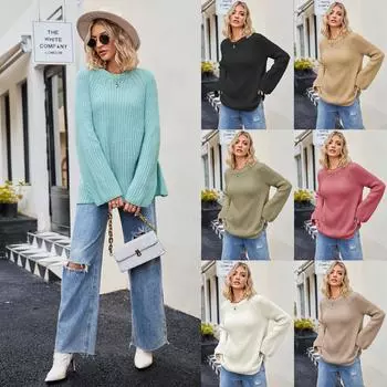 Осень/зима 2023, женский повседневный модный свитер с круглым вырезом большого размера, свободный пуловер, свитер S синий