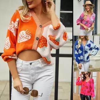 Осень/зима 2023, женский повседневный свитер, кардиган на пуговицах с v-образным вырезом, клубничное пальто, свитер S красный