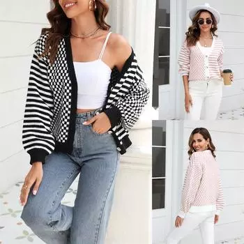 Осень/зима 2023, женский повседневный вязаный клетчатый полосатый кардиган, пальто, свитер S чёрный