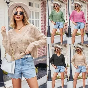 Осень/зима 2023, женский сексуальный пуловер с v-образным вырезом и полыми бриллиантами, свитер S