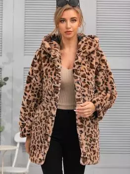 Осень-зима 2023, женское пальто, новое леопардовое пальто с капюшоном из искусственного меха, женская плюшевая куртка средней длины, пушистое пальто, верхняя одежда больших размеров S