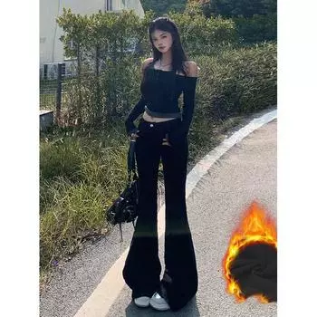 Осень/Зима 2024 г. Американские тонкие флисовые брюки с низкой талией/обычные ковбойские Spicy Girl для похудения, эластичные, тонкие, микро-подтягивающие брюки XS чёрный