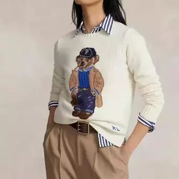 Осень/Зима 2024 г. Связанный вручную крючком свитер с рисунком мультяшного медведя, кремово-белый, с объемной вышивкой Small грязно-белый