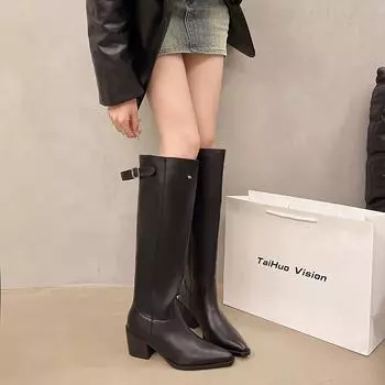 Осень-зима 2024 года, модные высококачественные женские ботинки с застежкой-молнией сзади, квадратный каблук, острый носок, обувь для женщин на открытом воздухе Botines Mujer 35 чёрный