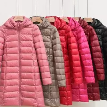 Осень-зима 2025 года, новый легкий пуховик для женщин из длинной белой утки, корейская версия легкой ветровки, тонкая куртка со съемной шапкой, теплое пальто L хаки
