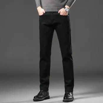 Осень/Зима 2024 Новые плюшевые утолщенные/обычные джинсы мужские свободные прямые теплые повседневные брюки 28 чёрный